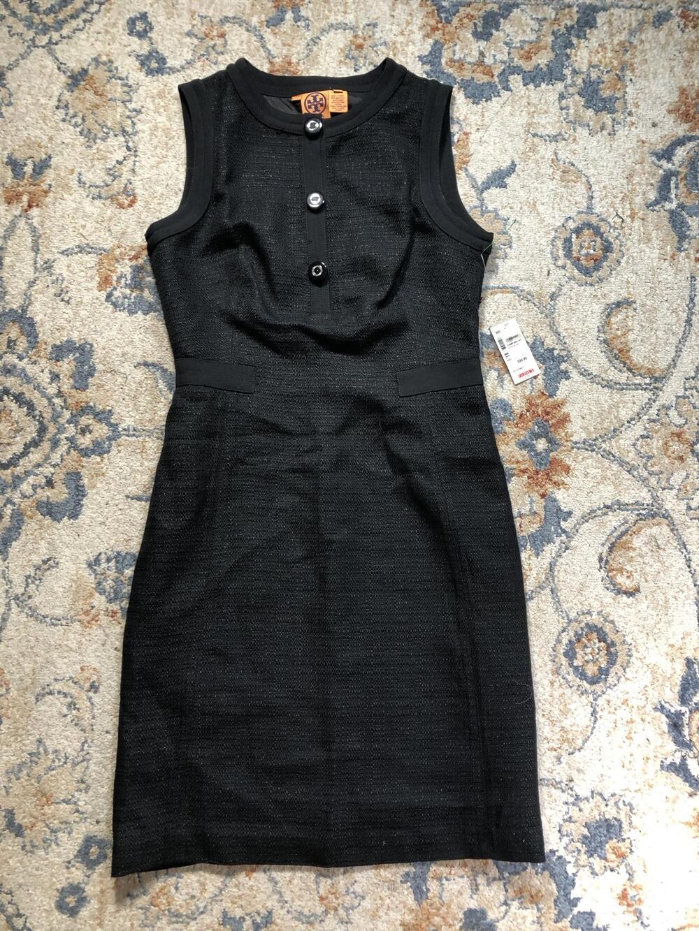 Tory Burch Dress Womens 10 Black Tweed Sheath Sleeveless Button Workwear